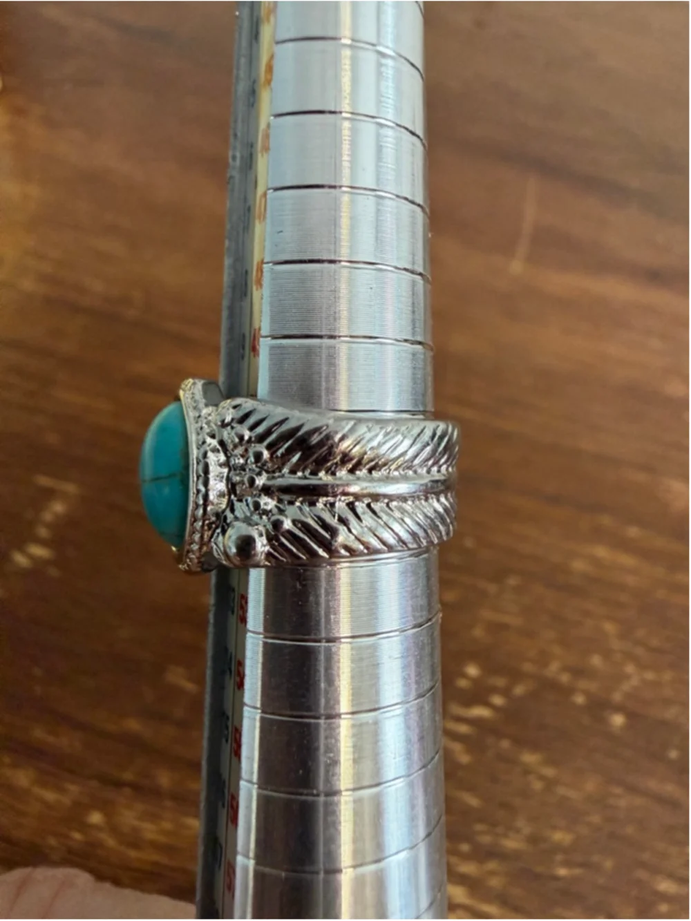 Turquoise Feather Ring Size 7 Silver Tone Boho Western Statement Ring